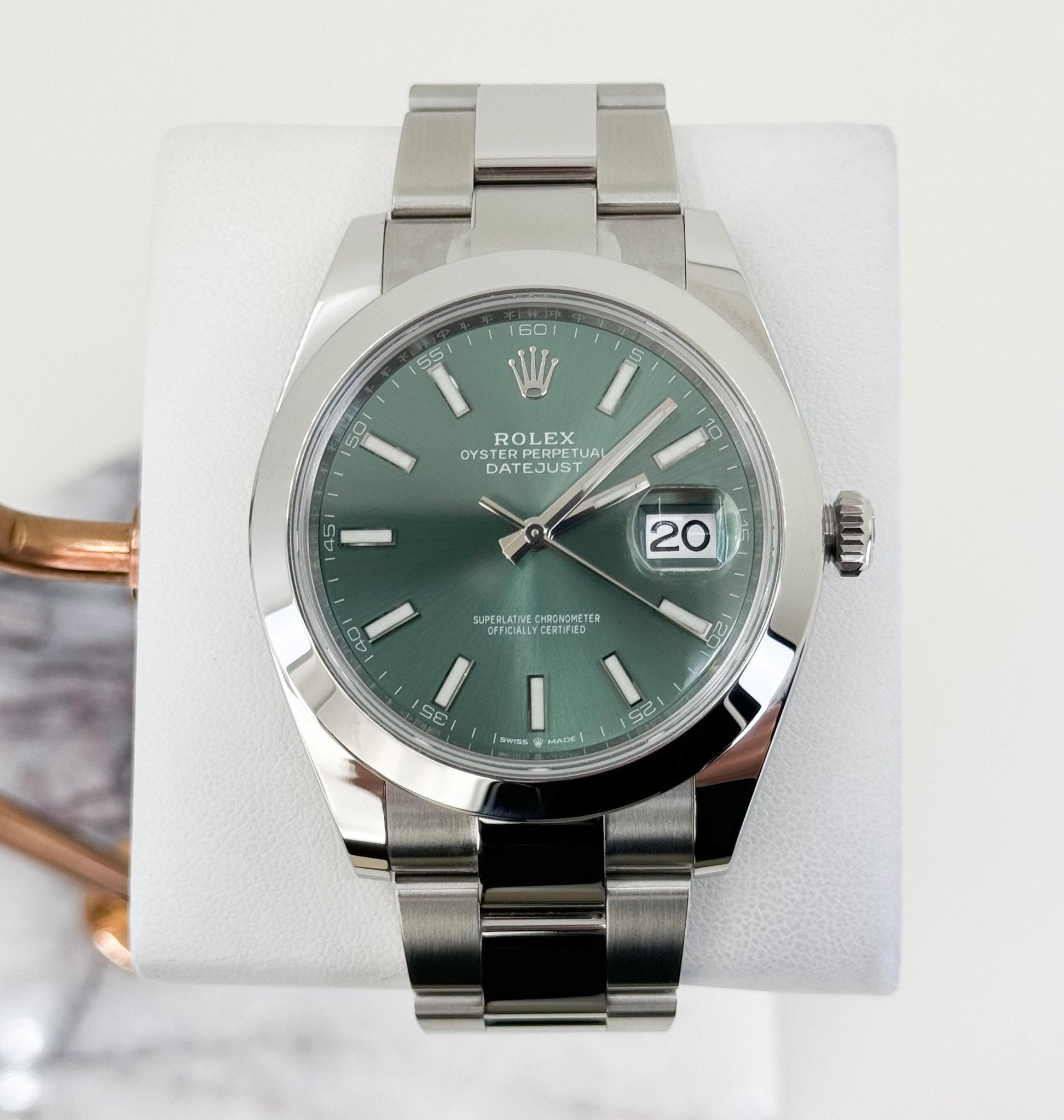Rolex Datejust 41 Stainless Steel Mint Green Index Dial Smooth Bezel Oyster Bracelet 126300 - Luxury Time NYC